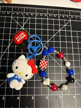 Hello Kitty Red Bow Keychain with Blue Ring and Multicolor Bead keychain